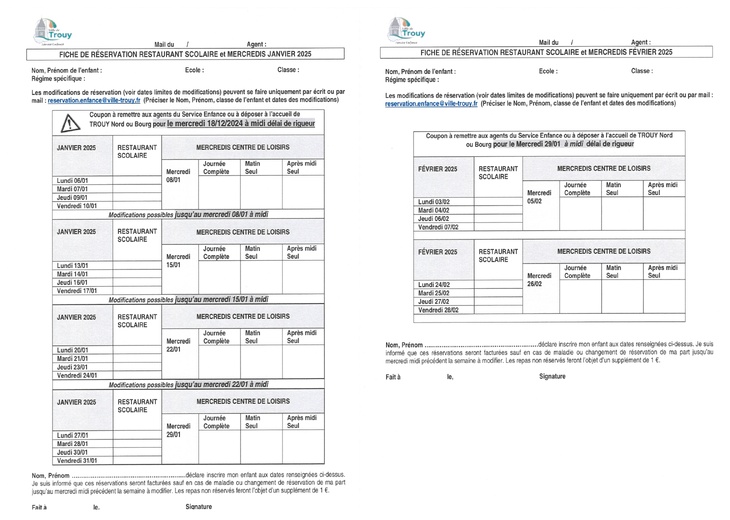Réservation pour le restaurant scolaire et les mercredis